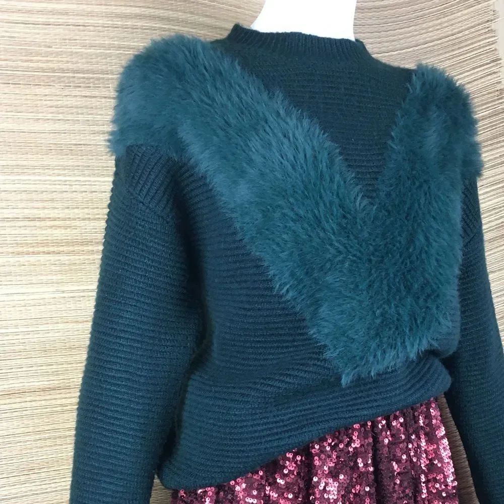 REVOLVE JOA Emerald Faux Fur Knit Sweater Pullover Crewneck Size M